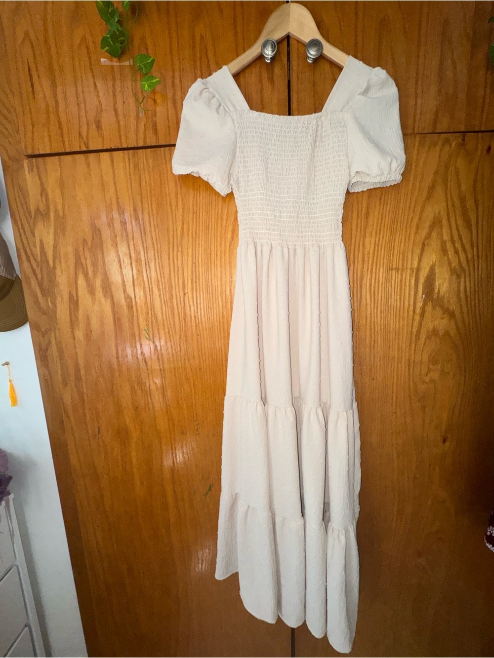 Unbranded Cream Smocked Maxi Dress with Puff Sleeves